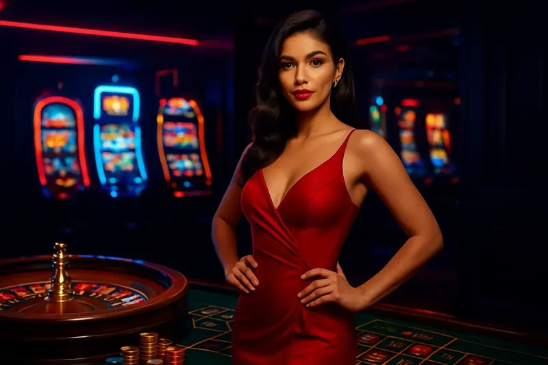 Bangladesh Casino Banner Elegant woman in red dress posing near roulette and slot machines with neon casino background