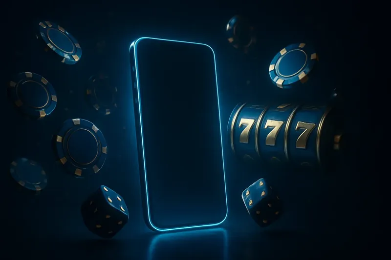 Luxury Casino Banner Glowing smartphone with casino chips, slot reels, and dice on dark gold background